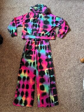 Justice Girls Tie-Dye Hoodie + Wide Leg Sweatpants Set - Neon Black Pink Blue